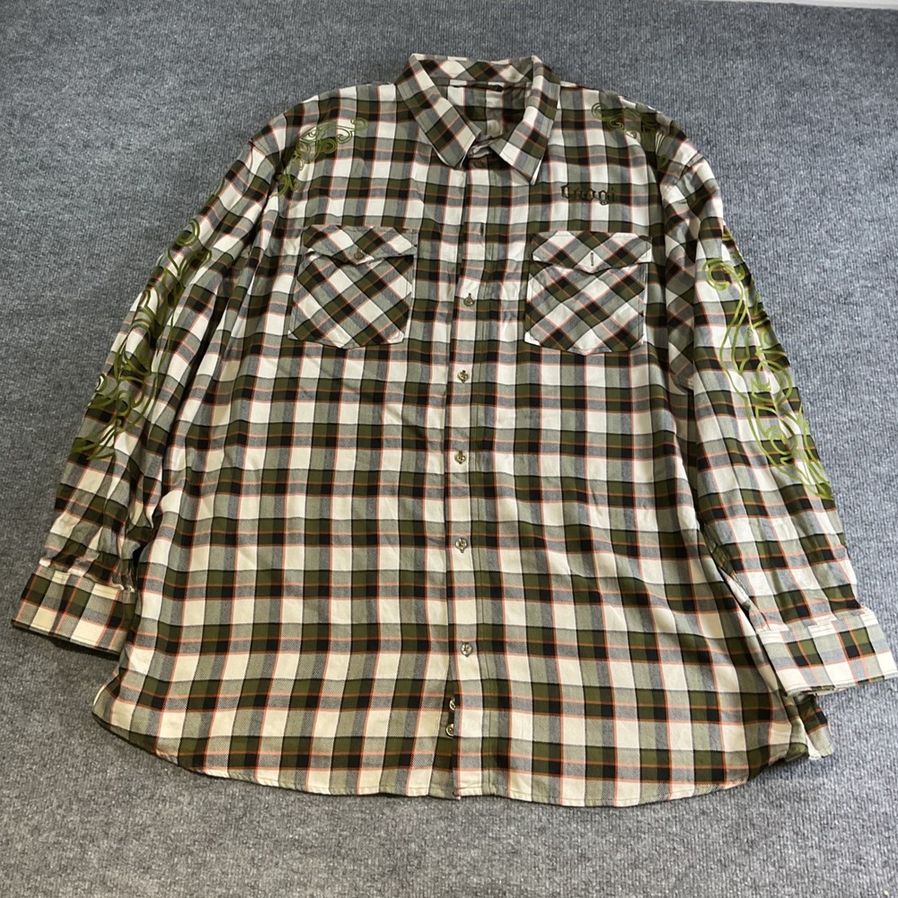 Coogi Mens 6XL Plaid Button Down Shirt Olive Green Orange Embroidered Sleeves